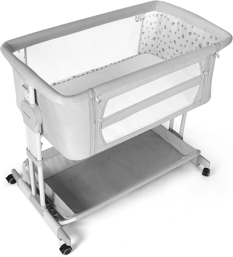 Cowiewie Bassinet Bedside Sleeper, Rocking Bassinet for Baby with 4 Wheels & 7 Adjustable Height, 360 All-Round Breathable Mesh Sides Bedside Crib, 2025 New