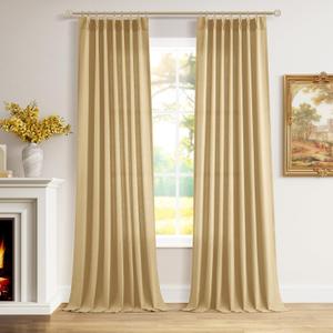 Gold Pinch Pleated Linen Curtains 96 Inch Length 2 Panels for Living Room Bedroom Semi Sheer Window Curtain Boho Neutral Back Tab Pinch Pleat Drape with Hooks 40x96