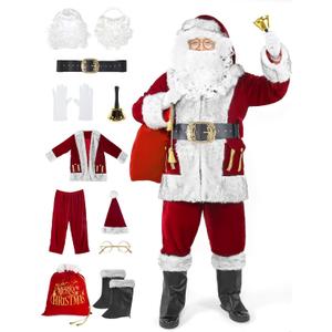 LETIME Santa Claus Costume for Men Adults 11 Pieces Professional Santa Suit for Xmas Deluxe Outfit Cosplay Party Holiday XL