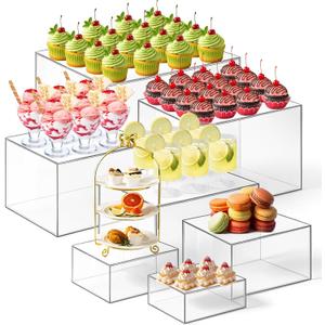 Leinuosen 7 Pcs Extra Large Buffet Risers Set 8" to 14" Acrylic Display Box Square Catering Dessert Table Riser Food Display Decorative Stand with Hollow Bottom for Catering Supplies(Clear)