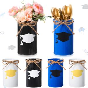 Domensi 6 Pcs 2025 Graduation Table Centerpiece Decor Grad Galvanized Metal Vases for Flowers Graduation Cap Tin Vase Utensil Holder Mason Jars for Kitchen Home Congrats Grad Party Decorations Gifts (Black, Blue, White)