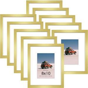 8x10 Picture Frame Sef of 10, Display Pictures 5x7 with Mat or 8 x 10 Without Mat, Photo Frame Collage for Wall Gallery Decor, Hanging or Tabletop Display, Gold