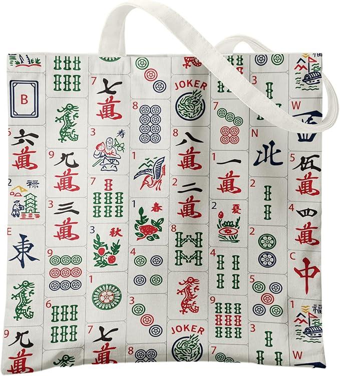 Retro Canvas Tote Bags for Women, Mahjong Gifts, Gifts for Mahjong Lovers