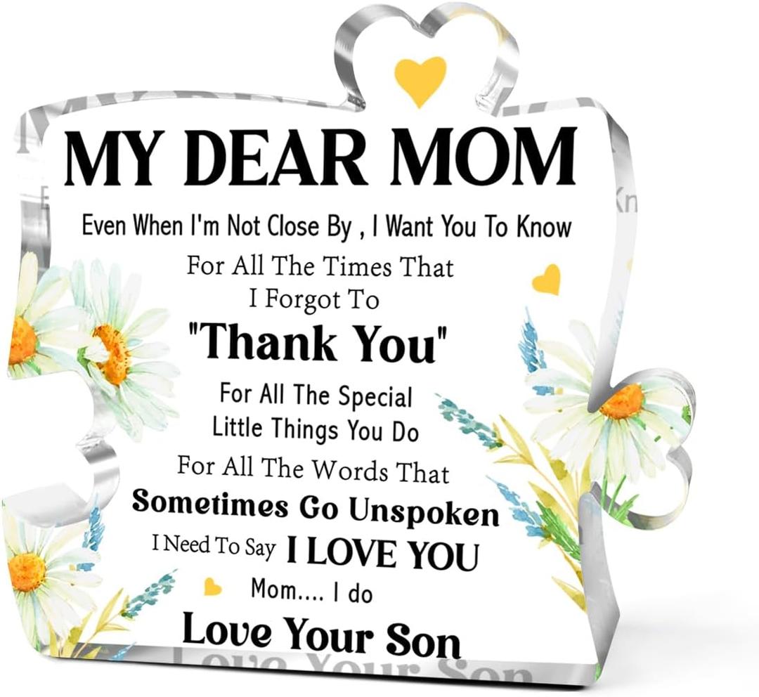 2 x Mom Appreciation Gifts from Son,Thank You Gifts for Moms Mother's Day Birthday Christmas,Unique Mother Gift Ideas,My Dear Mom Thank You Acrylic Puzzle Plaque