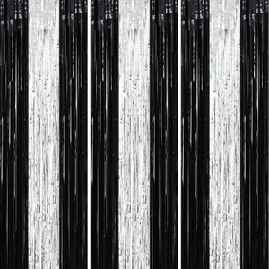 Voircoloria 3 Pack 3.3 x 8.2 ft Black and Silver Foil Fringe Backdrop Curtains, Tinsel Streamers Party Decorations, Fringe Backdrop