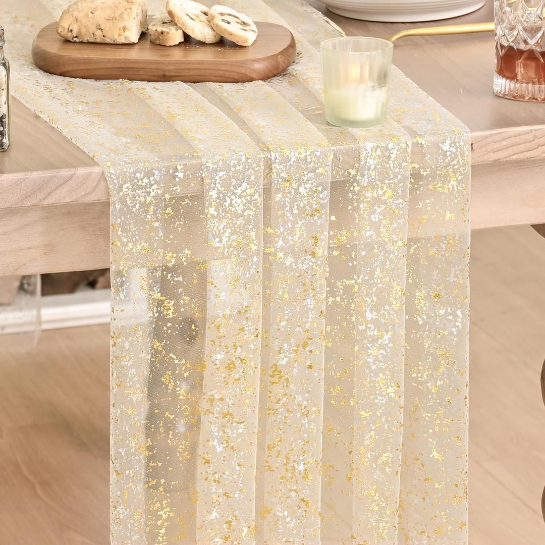 Artoid Mode Gold Gauze Champagne Table Runner 120 Inch 10FT, Glitter Metallic Foil Sheer Dining Wedding Anniversary Holiday Birthday Table Decor for Home Party (28" x 120")