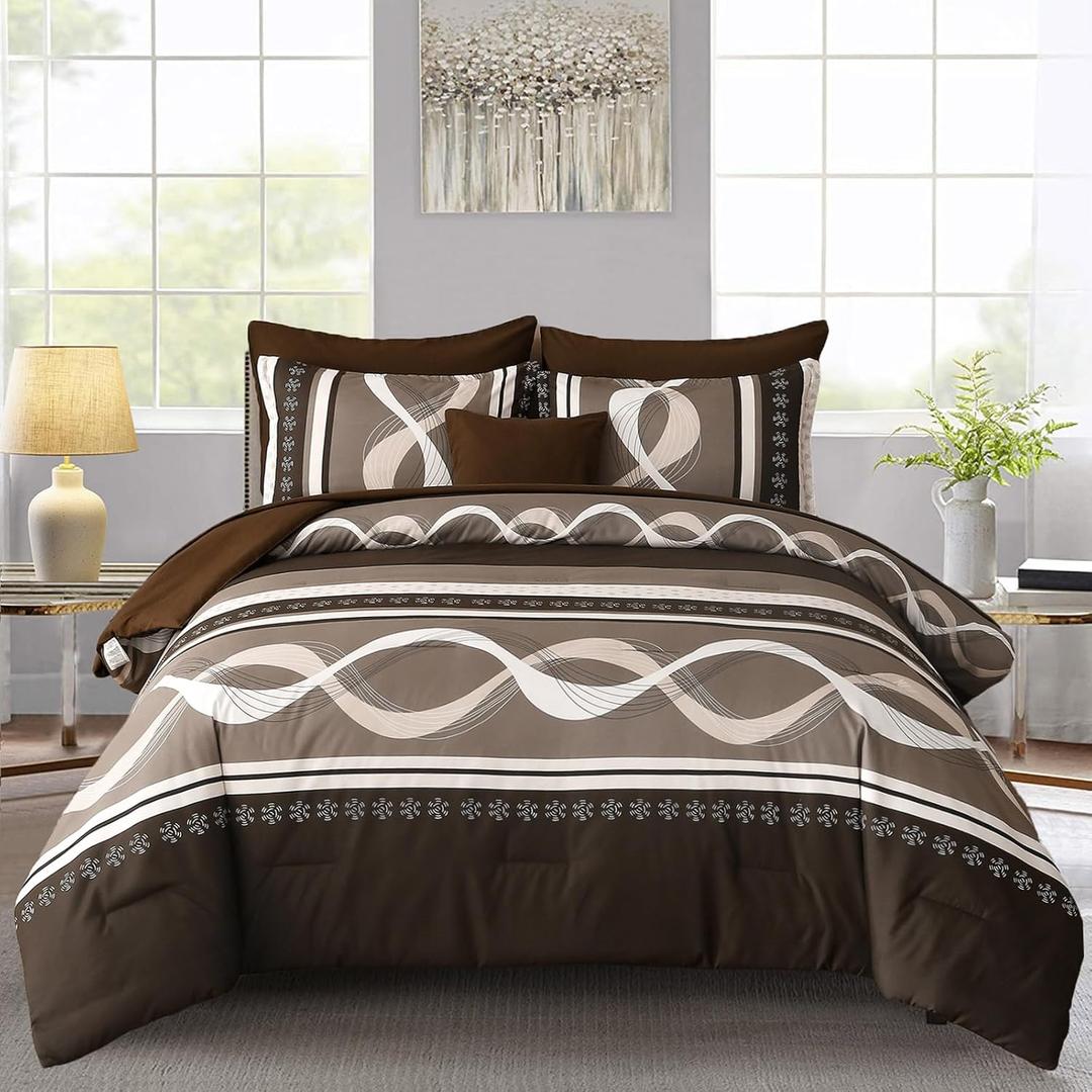 Brown Comforter Set Queen Size, 8 Pieces Bed in a Bag Patchwork Striped Comforter Set, Soft Microfiber Boho Bedding Set for All Season(90"90")