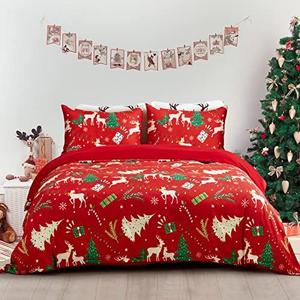 DJY Christmas Duvet Cover Set Queen,Xmas Tree Reindeer Printed Bedding Set Soft Lightweight Comforter Cover for Festive Bedroom Decor 3 Pieces(1 Duvet Cover and 2 Pillowcases) Zipper Closure Red