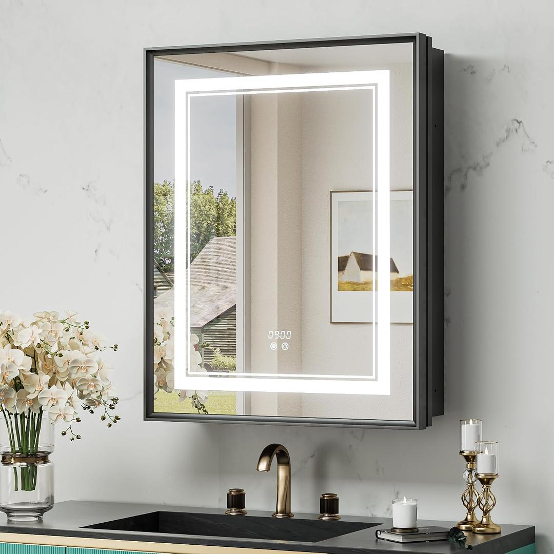 TokeShimi 24x30 Inch LED Medicine Cabinet Black Frame, Medicine Cabinet with Lights, 3-Color Lighted Medicine Cabinet Mirror for Bathroom, Anti-Fog, Tempered Glass, Outlets, Wall-Mounted/ Recessed