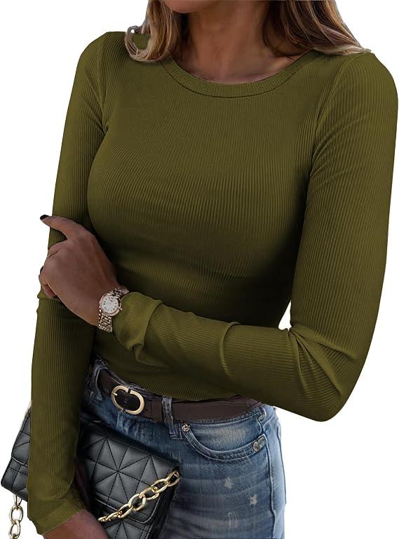 Zeagoo Womens Long Sleeve Stretch Crewneck Ribbed T-Shirt Slim Fit Casual Basic Tops Size S