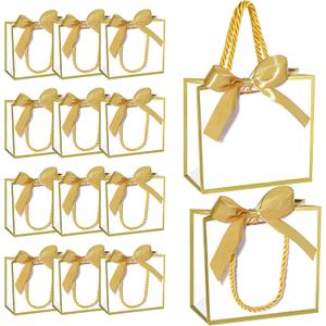 EQOREIIN 50 PCS Small Gift Bags with Handles,White Mini Bag,5.5x 2.5x4.7 Inches Small Thank You Gift Bags Bulk with Ribbon for Party Favors,Mother's Day, Goodie, Weddings,Baby Shower(White Gold)