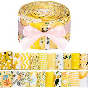 Hosuly 40 Pcs Yellow Floral Fabric Spring Jelly Fabric Quilting Patchwork Roll Yellow Quilting Strips 2.55 Inch Precut Patchwork Roll for Craft Sewing DIY Crafts
