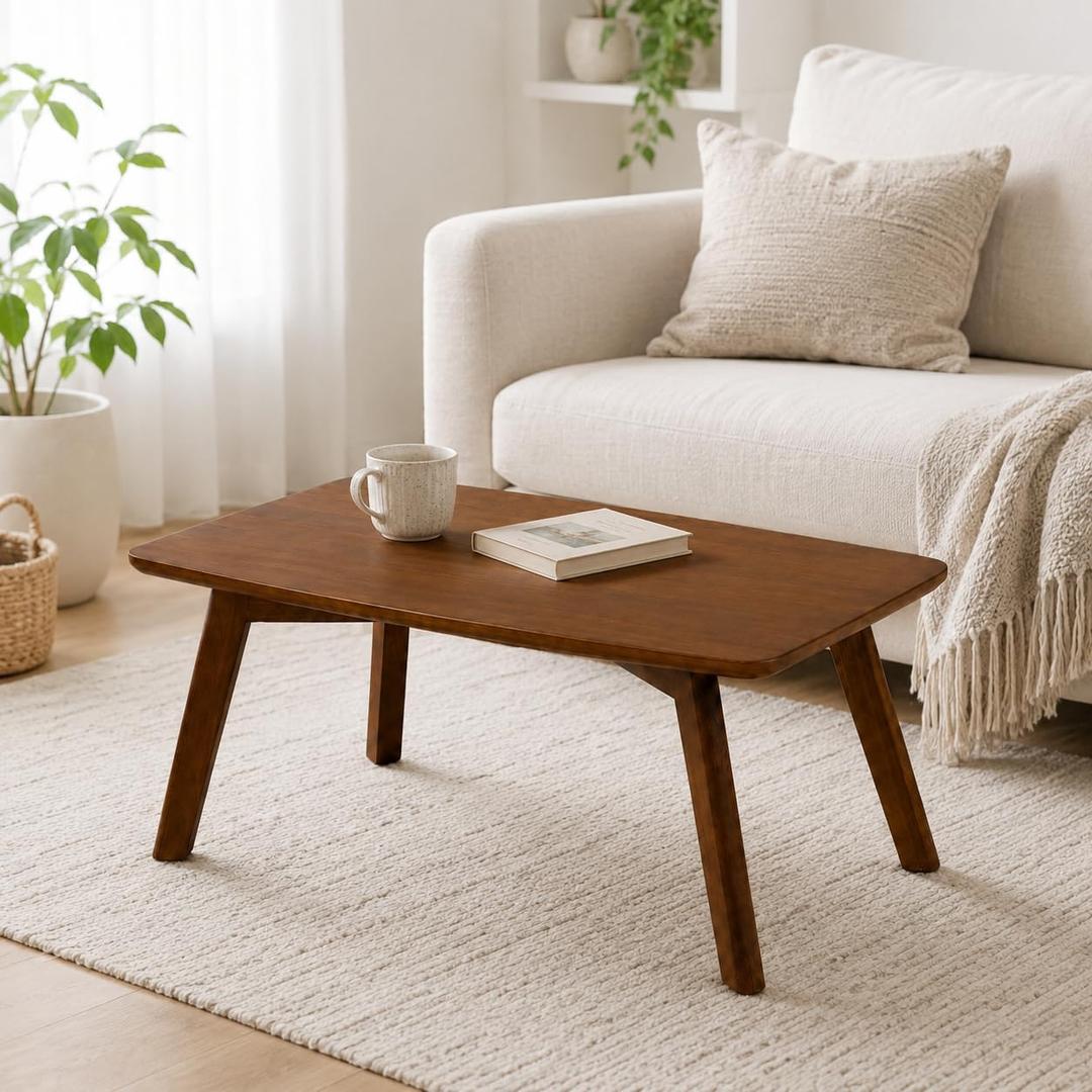 Floor Table, 11.8" H Solid Rubber Wood Low Coffee Table, Walnut, 23.6" L x 15.7" W x 11.8" H