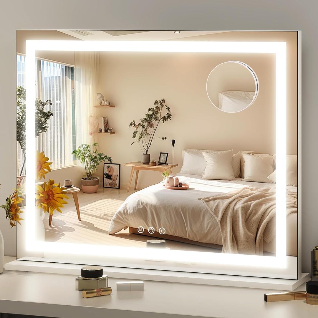 FENNIO 23" x 18" Vanity Mirror with LightsLED Makeup MirrorHollywood Mirror with 3 Color Modes & Adjustable BrightnessVanity Mirror Square White