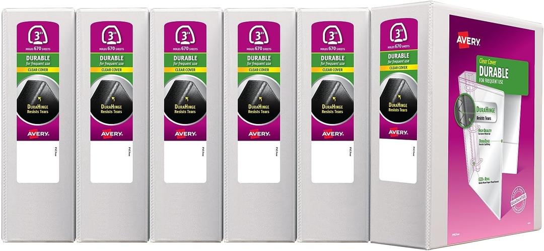 Avery Durable View 3 Ring Binders, 3" EZD Rings, 6 White Binders (09701)