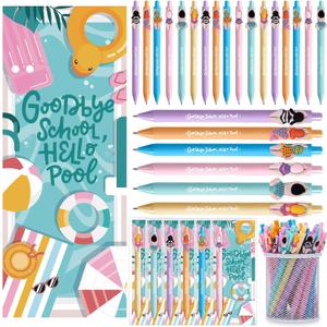 AmazingSpark 30 Sets End of School Year Gift for Student Graduation Party Favors Pens Swimming Pool Ballpoint Retractable Pen with Bookmarks Card for Summer Party Kids Preschool Classroom Prizes