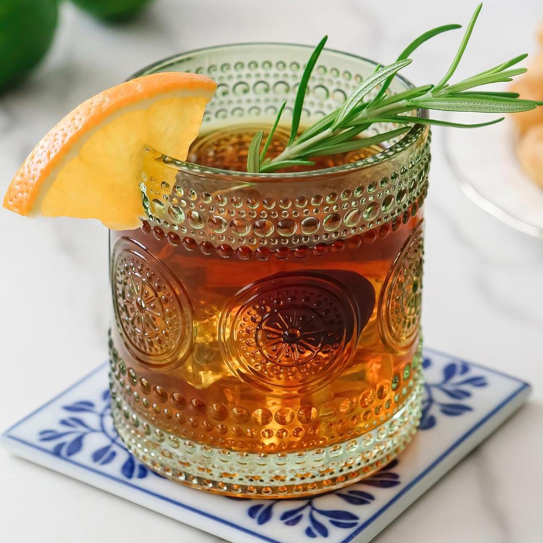 Hobnail Beaded Floral Green Drinking Glasses Set of 6, (10 oz) Vintage Glassware Set by Kate Aspen| Cocktail Glass Set, Juice Glass, Water Cups | Great Hostess Gift & Gift for New Home Owners