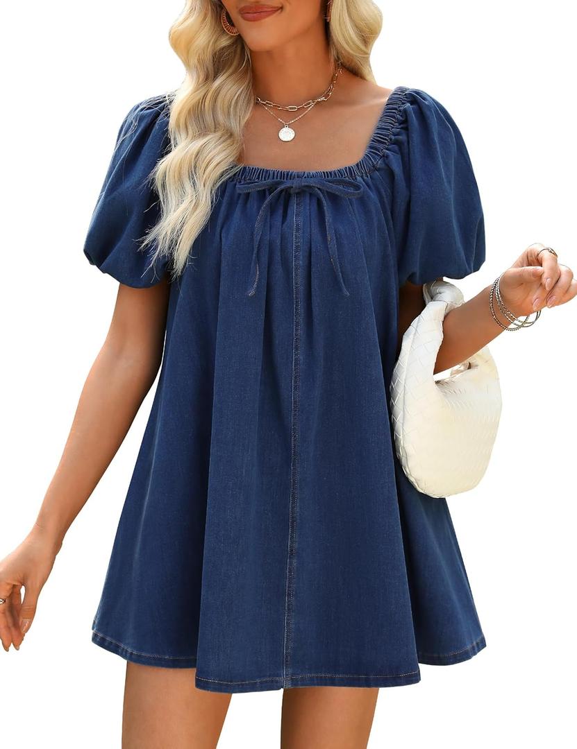 Denim Dress for Women, Puff Short Sleeve Jean Dress Square Neck Denim Romper with Pockets (Medium, Dark Blue)