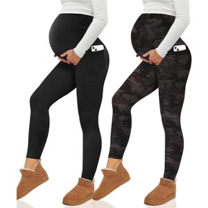 Happy.angel 2 Pack Maternity Fleece Lined Leggings Over The Belly, Womens Black Workout Yoga Pregnancy Pants with Pockets (Small)