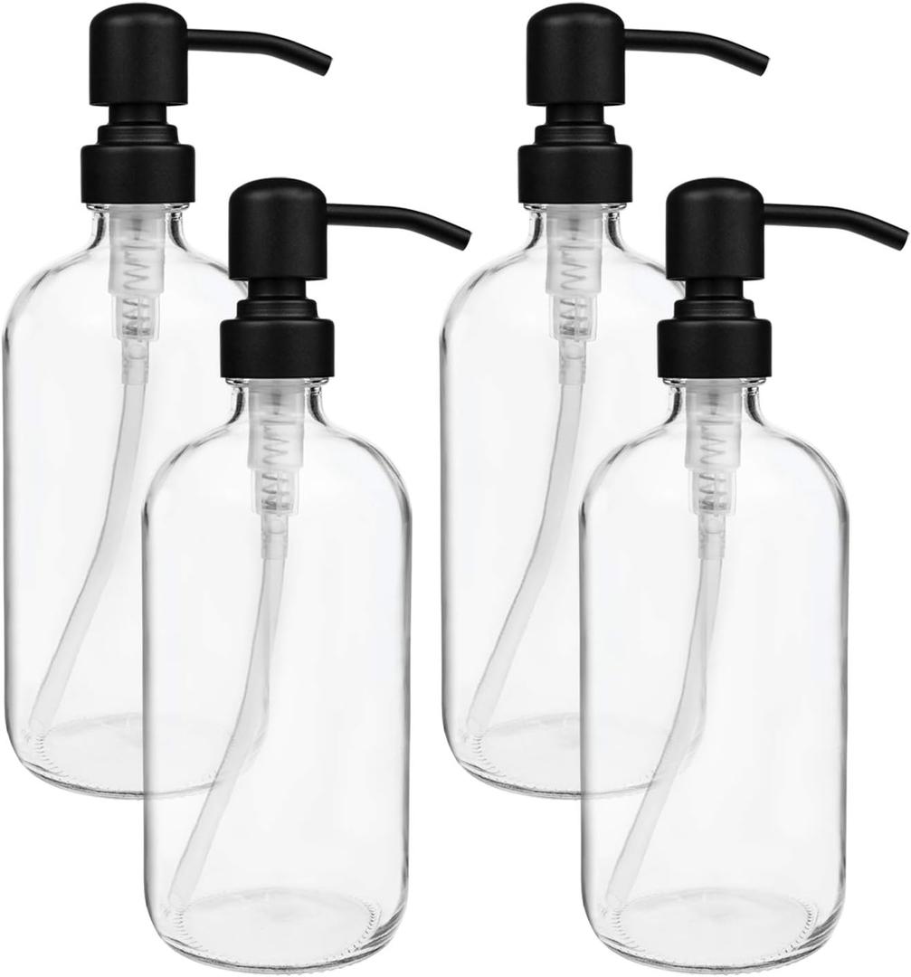 Suwimut 4 Pack Glass Soap Dispenser with Matte Black Stainless Steel Pump, 16 Oz Clear Boston Round Bottles Bathroom Kitchen Soap Dispenser for Essential Oil, Dish Soap, Hand Soap, Lotion Soap