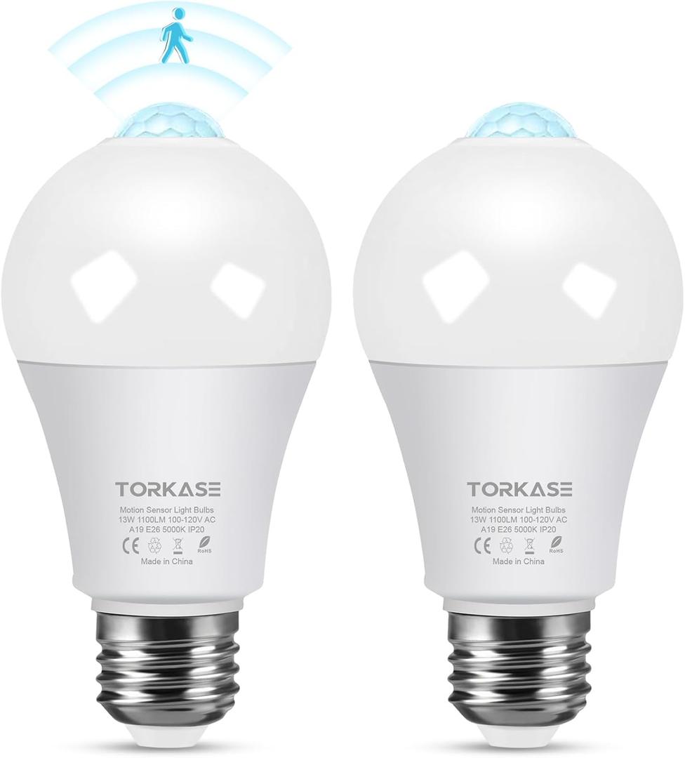 Motion Sensor Light Bulbs, 13W (100Watt Equivalent), Motion Activated Dusk to Dawn Security LED Bulb, 5000K Daylight, Energy-Efficient, for Indoor and Outdoor Lighting, Porch, Stairs, Hallway 2Pack