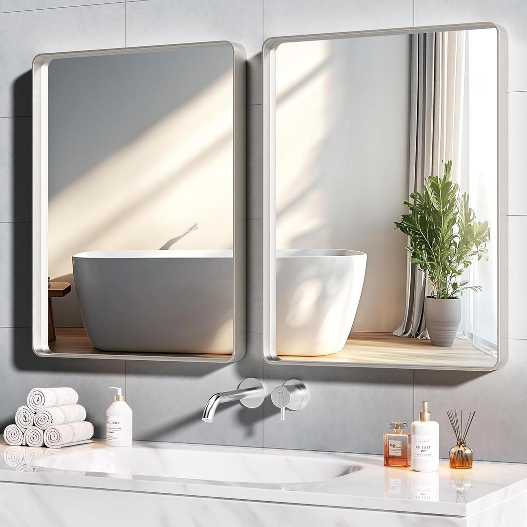 Hasipu 2 PCS Bathroom Mirror for Wall, 32 x 24 Inch Silver Metal Framed Bathroom Mirrors for Over Sink, Rectangle Bathroom Vanity Mirror, Anti-Rust, Tempered Glass, Horizontal or Vertical