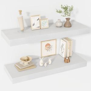 30 Inch Floating Shelves, 12" Deep Floating Shelf Wall Mounted, 30" Wall Shelves, Rustic Deep Bookshelf, Extra Deeper & Thicker Display Shelves for Bedroom, Living Room, White, Set of 2