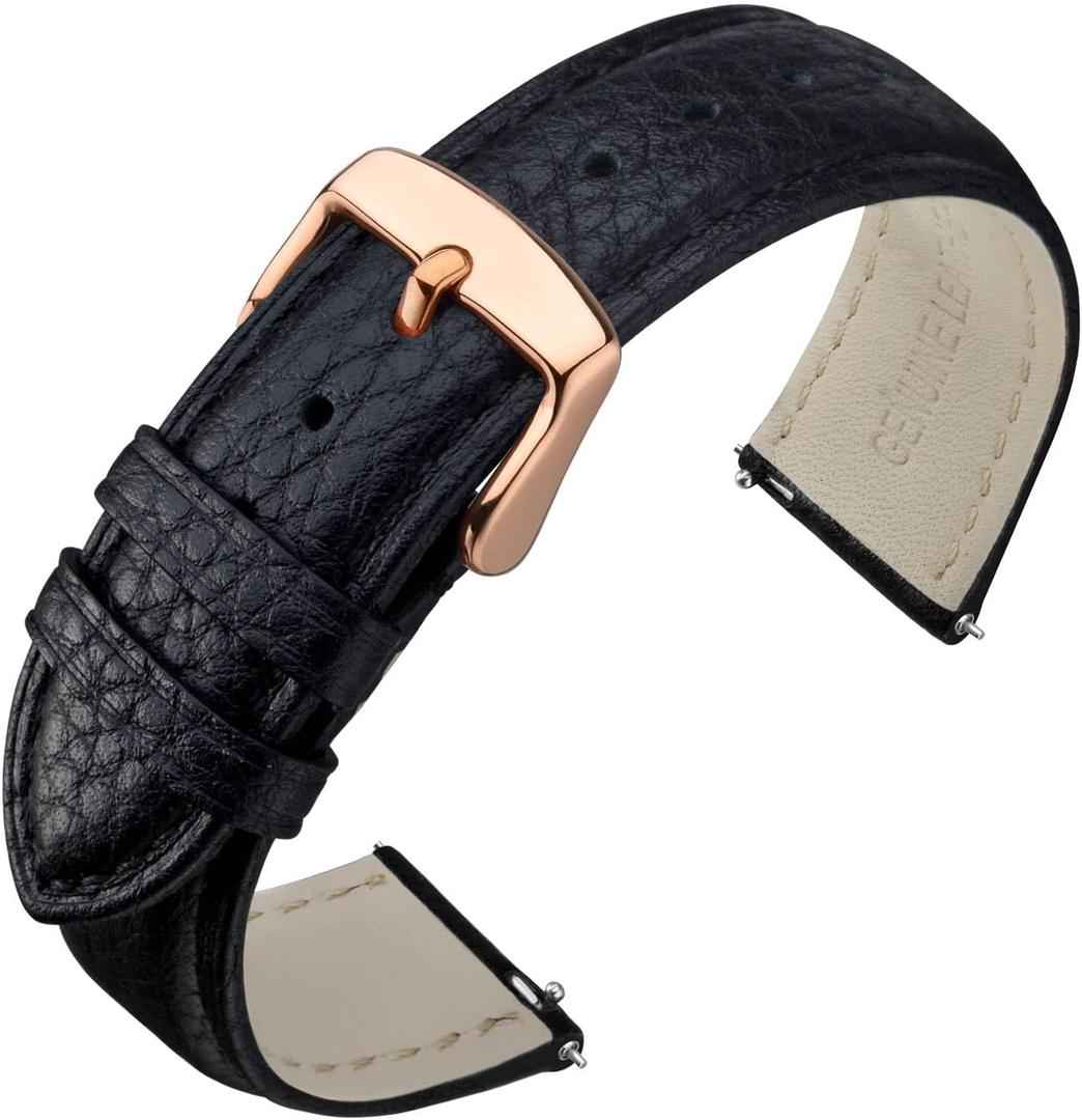 ANNEFIT Watch Band 15mm, Quick Release Textured Padded Leather Straps with Rose Gold Buckle for Men and Women (Black)