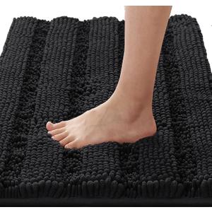 H.VERSAILTEX Non-Slip Bath Mat - Chenille Striped, 17" x 24", Absorbent, Soft Shaggy, Washable, Dry Fast - Black