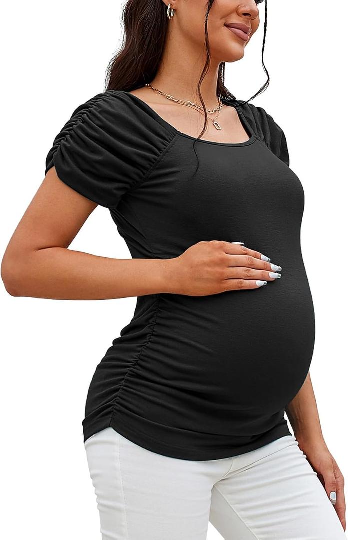GINKANA Maternity Shirts Square Neck Maternity Tops Casual T-Shirts Ruched Short Sleeve Summer Maternity Tees Tunics Blouses (S)