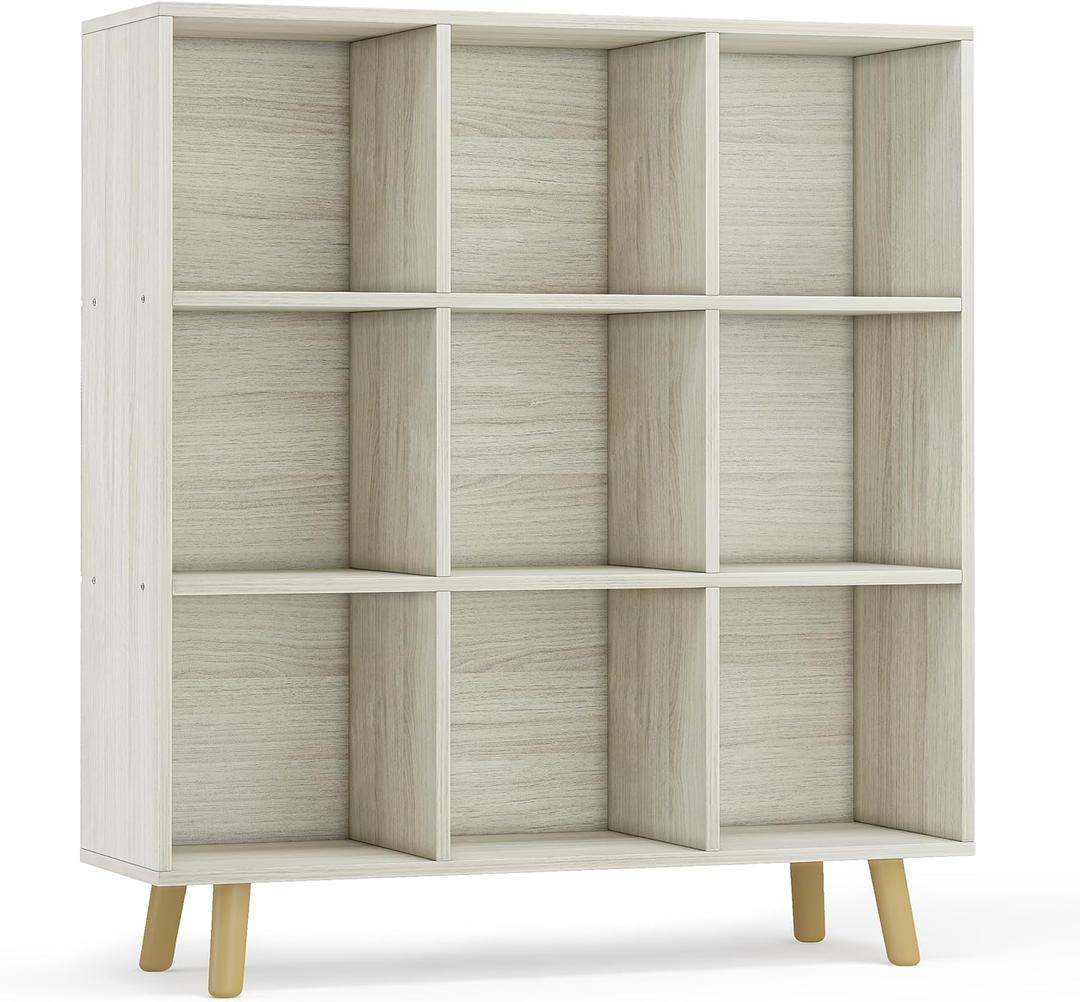 9-Cube Open Shelf Bookcase - 3-Tier Wooden Bookshelf with Legs, Oak