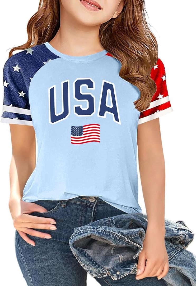 Girls 4th of July USA Shirt American Flag Patriotic T-Shirt Independence Day Outfit for Kids 5-14Years (Blue)
