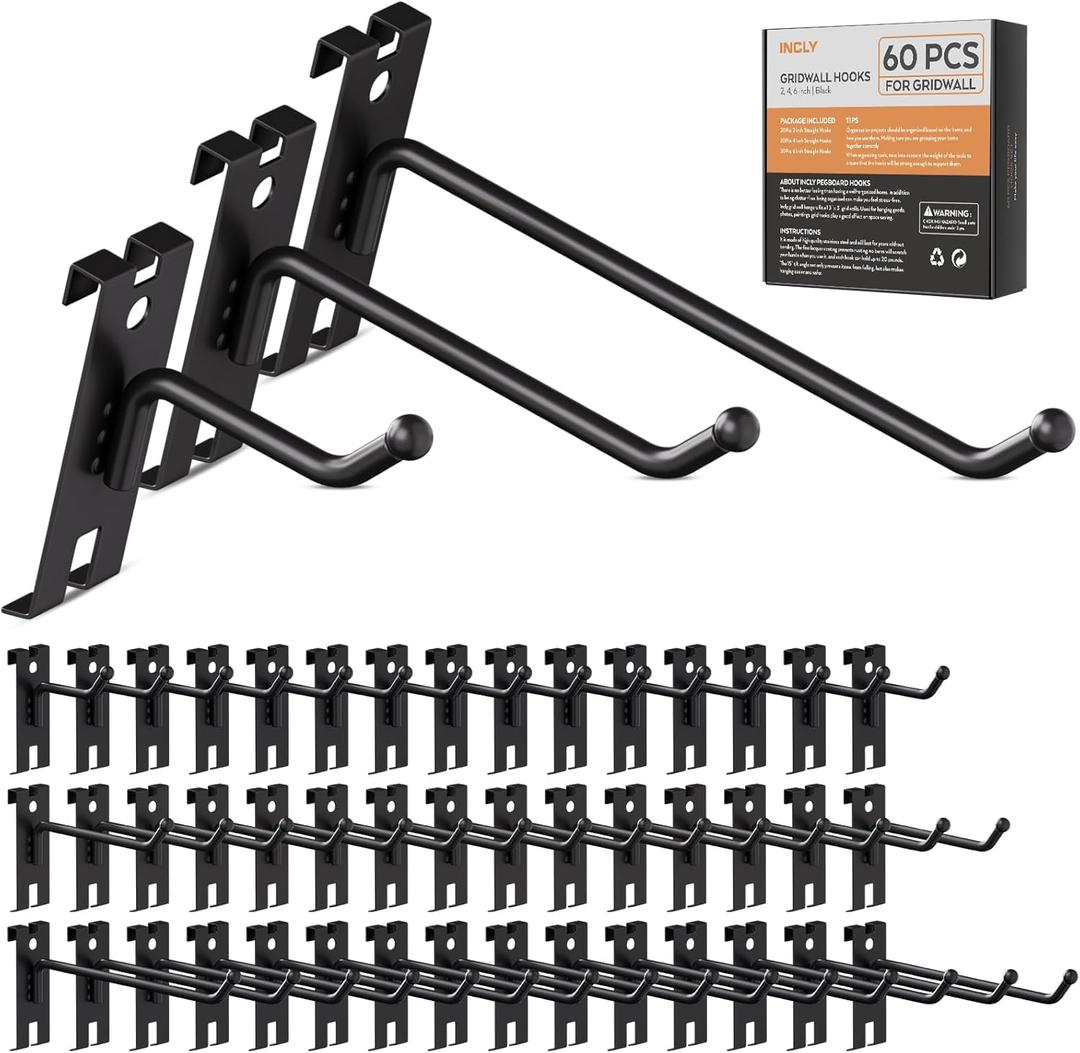 INCLY 2/4/6 Inch Gridwall Hooks, 60 Pack Heavy Duty Black Display Hooks for Grid Wall Panels, Grid Wall Accessory for Storage Display Clothes in Retail Shop Garage