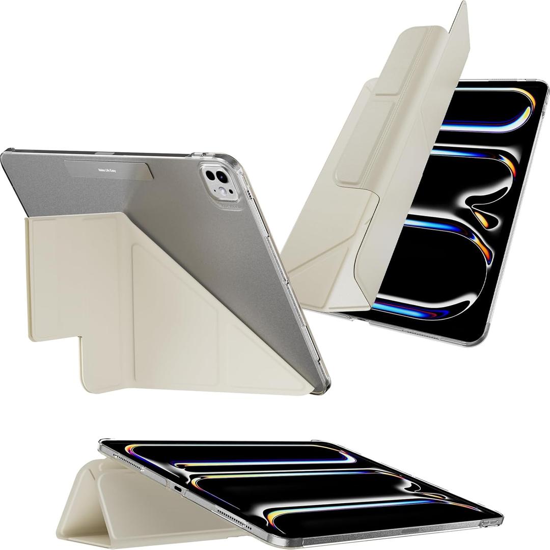 MAGEASY Case for iPad Pro 13" - Folio Case with Multi-fold, Multi-Angle Stand, Apple Pencil Holder, Stain-Resistant, Compatible with iPad Pro 13'' (2024, M4) - Facet | Starlight White