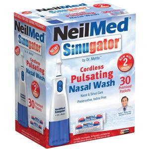 NeilMed Sinugator Cordless Pulsating Nasal Wash Kit with One Irrigator, 30 Premixed Packets and 3 AA Batteries(Pack of 1) (Blue)