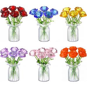 FoldTier 42 Pcs Mini Glass Flower Decoration Hand Blown Glass Flower Figurines Collectible Ornaments with Vase for Mothers Day Birthday Table Centerpiece Garden DIY Craft(Roses)