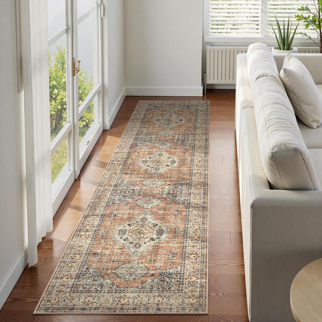 Lahome Oriental Hallway Runner Rug, 2.5x8 Kitchen Runner Non Slip Ultra-Thin, Soft Washable Hallway Rug Distressed Non Shedding Long Carpet for Entryway Laundry Room Bathroom, Peach/Orange (Terracotta)