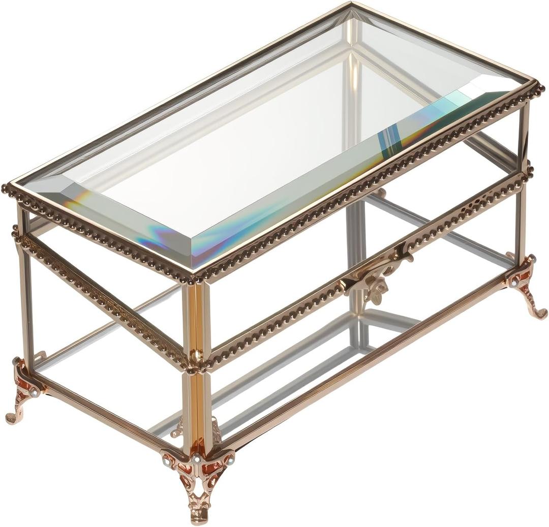 Glass Vintage Jewelry Box Keepsake storage Trinket Ring Display Box Home Decor Beveled Clear Glass Box Organizer (6.8x3.9x3.5) (Golden)