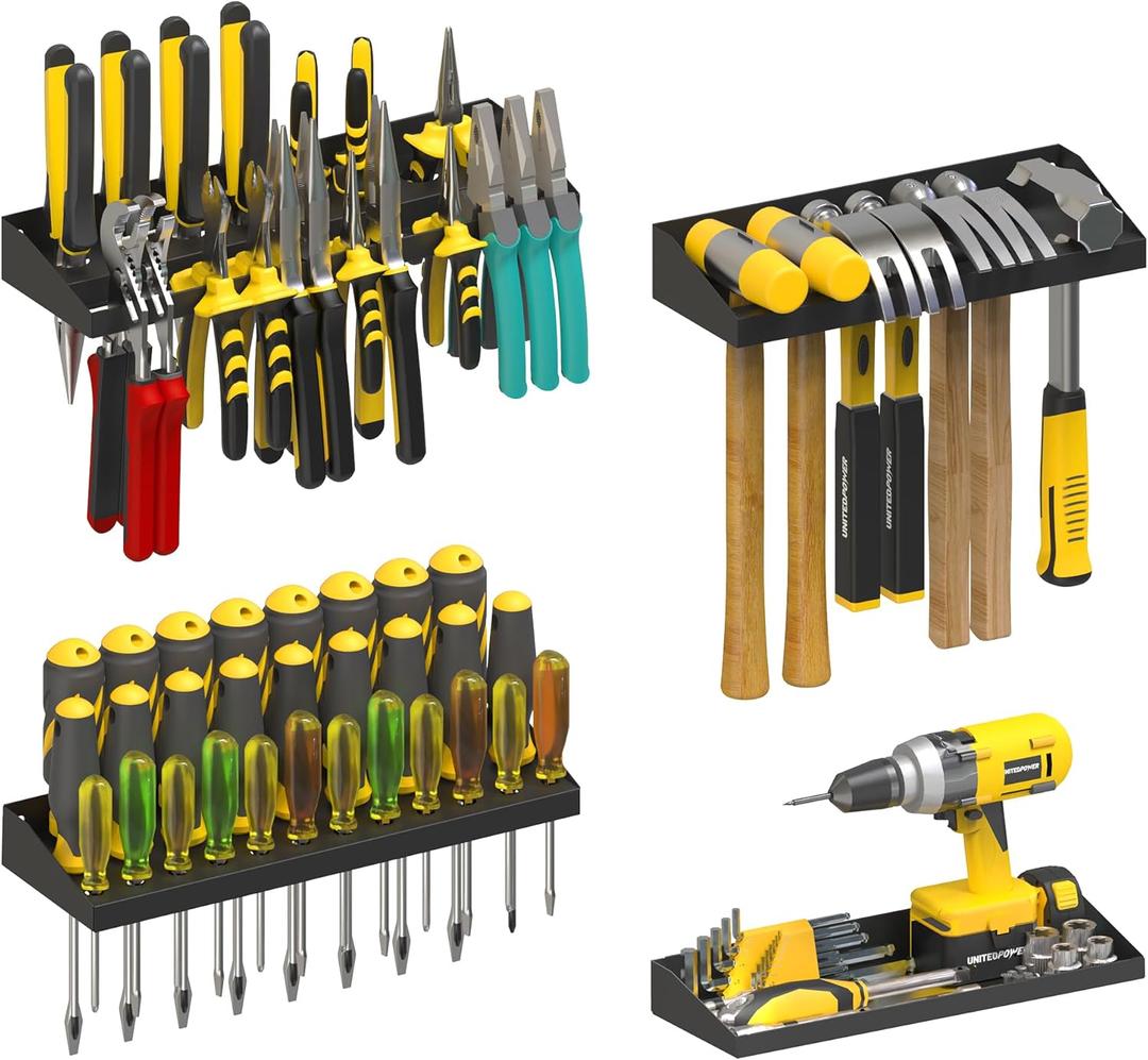 Wall Mount Hand Tool Storage Set, Screwdriver Organizer, Pliers Holder, Hammer Rack, Metal Hardware Tray for Garage Workshop Workbench - 4 Pack