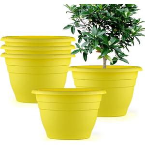 RooTrimmer 10 Inch Plant Pots Set of 5,Lightweight Plastic Planters with Drainage Holes & Plugs,Durable Plant Containers for Indoor Outdoor Houseplants,Flowers,Patio & Garden(Yellow)