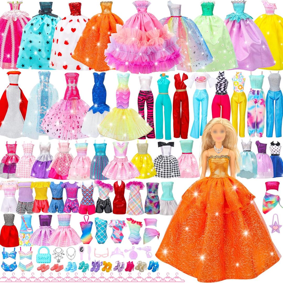 56 Pcs Doll Clothes and Accessories,2 Wedding Gowns 2 Evening Dresses 6 Fashion Dresses 4 Set Casual Outfit Top and Pant 2 Swimsuit,20 Hanger 10 Shoe 10 Accessories Toys for Girls Kid Gift