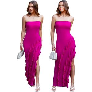 Capuffy Womens Tube Strapless Maxi Dress Irregular Ruffles Hem Cocktail Dress Off Shoulder Tassel High Slit Evening Gown 312 (Rose Red) XS