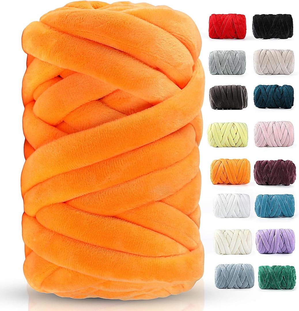 Chunky Yarn for Hand Knitting- Velvet Chenille Tube Yarns- Jumbo Yarns for Blankets, Pet Beds, Machine Washable (0.66 Lb/18.59 Yd), Easy No-Tool Arm Knitting & Crochet Project Yarn (Orange)