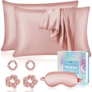 Satin Pillowcase Gift Set with Silk Satin Sleep Mask 4 Scrunchies, 2Pack Standard Size Pillow Cases Luxury Sleeping for Women Wife Birthday Valentines Day Gifts for Her Girlfriend (Pink Champagne)