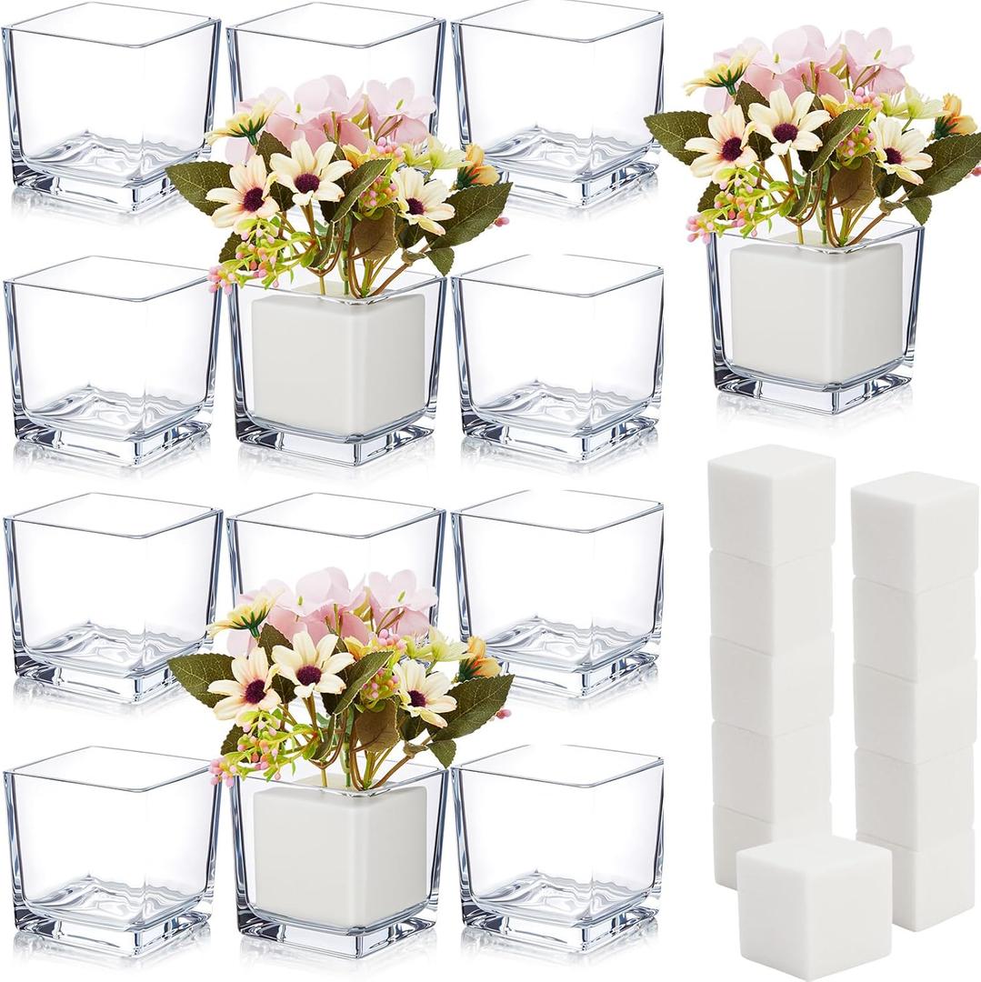 Yerliker 12 Pack Square Glass Vases 3" x 3" x 3" Clear Square vases for centerpieces Small Flower Vase Cube Bulk with Floral Foam Blocks Suitable for Wedding Home Party Halloween Christmas Decoration