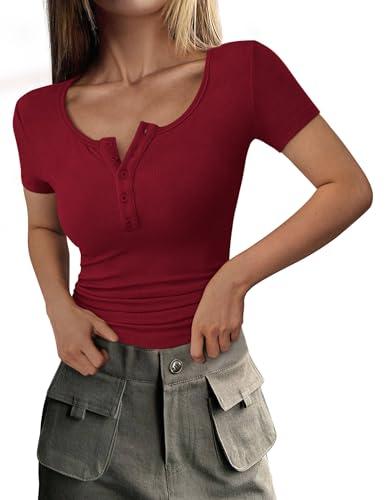 PRETTYGARDEN Women's 2025 Fall Summer Short Sleeve Tops Ribbed Henley Button Slim Fit Basic Casual T Shirts Blouse Clothing (Wine Red,Large)