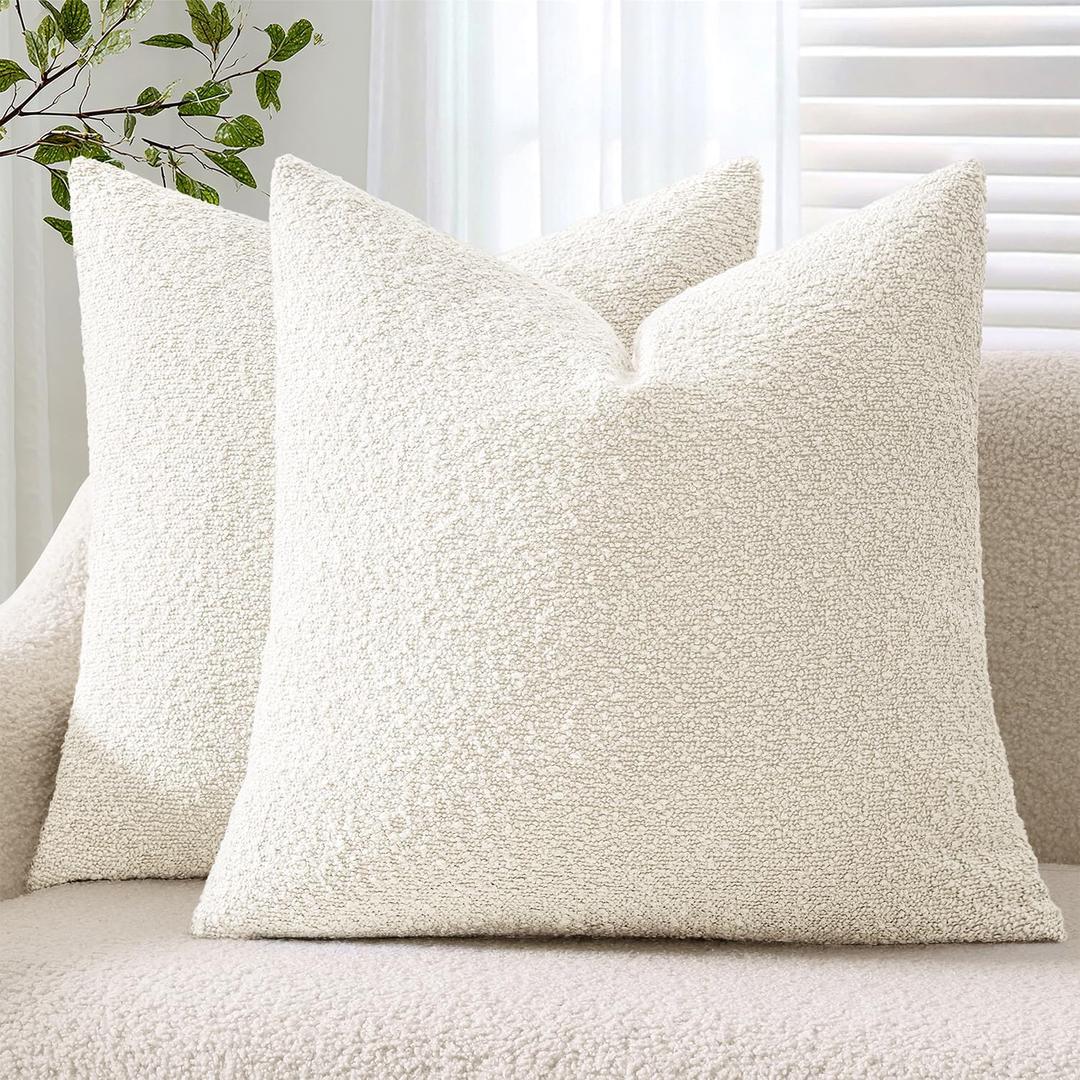 ANRODUO Pack of 2 Textured Boucle Throw Pillow Covers Soft White Euro Decorative Accent Solid Pillow Cases Cozy Modern Couch Cushion Case for Chair Sofa Bedroom Living Room Home Decor, 22 x 22 Inch