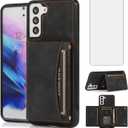 Asuwish Phone Case for Samsung Galaxy S21 Glaxay S 21 5G 6.2 inch Wallet Cover with Tempered Glass Screen Protector and PU Leather Credit Card Holder Stand Cell Accessories Gaxaly 21S G5 Women Black