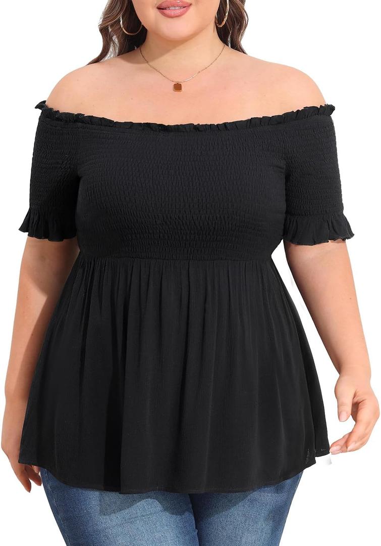 Plus Size Off The Shoulder Tops Summer Short Sleeve Smocked Baby Doll Shirt Tunic Blouse (2X, Black)