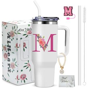 Monogrammed Gifts for Women,Initial Tumbler with Lid,Personalized Gifts,Birthday Gift for Women,Travel Cup,Coffee Tumbler,Cute Tumbler with Straws,for Christmas-M